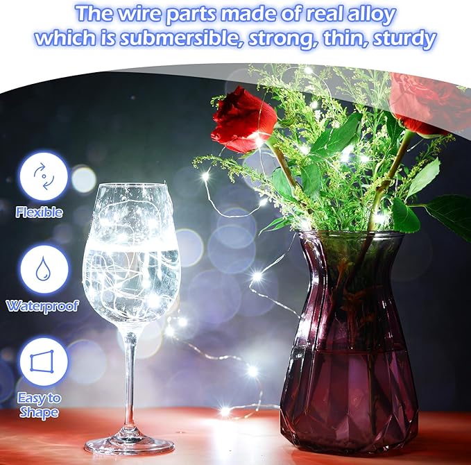 Hortsun 20 Packs Fairy Lights Battery Operated 3 Speed Modes, 7 Ft/ 2 M 20 LED Battery String Mini Waterproof Wire Twinkle Lights Bulk for Wedding Party Birthday Vases Decor (Cool White)