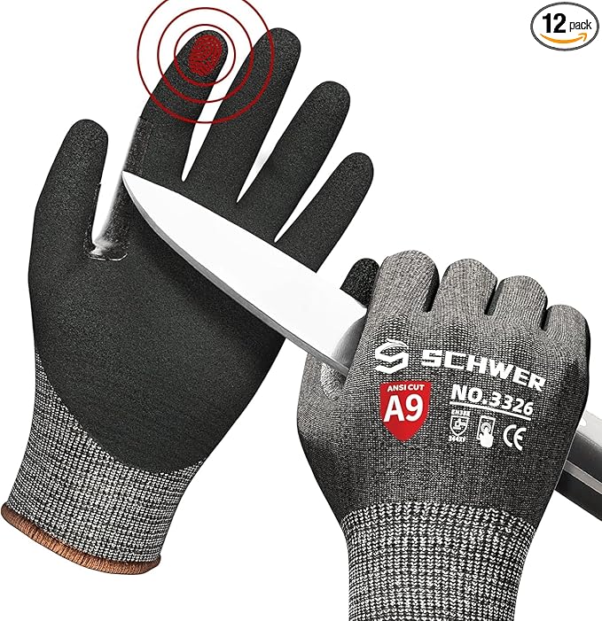Schwer 12 Pairs ProGuard Highest Level Cut Resistant Work Gloves PR3326 for Extreme Protection，ANSI A9 Cut Gloves with Reinforced Thumb, Non Slip, Breathable, Durable, Touch-screen, Black (XL