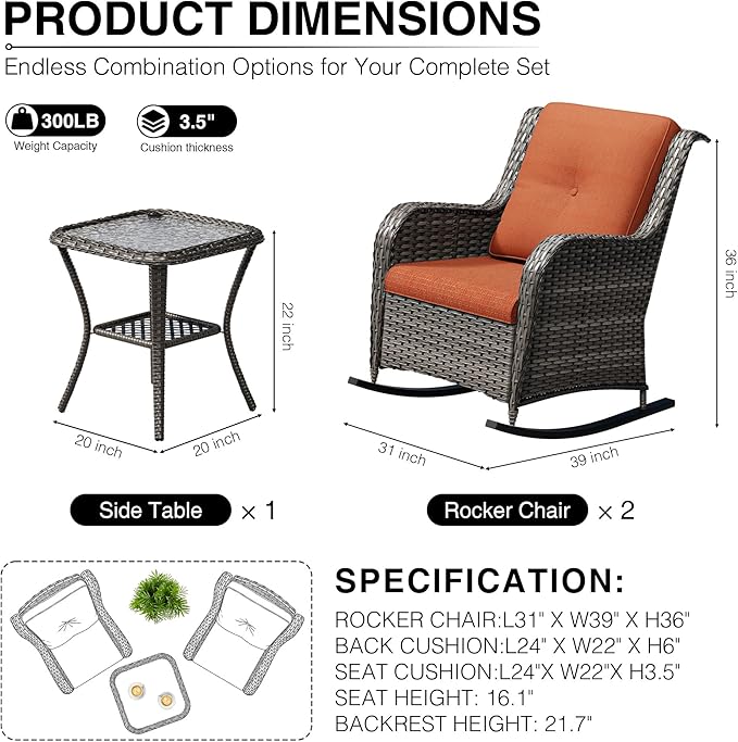 Joyside 3 Piece Wicker Patio Furniture Set, Outdoor Rocking Chair with High Back, Deep Seating, Wide Armrest, Thickened Cushions, Outdoor Rattan Furniture for Deck, Porch Use