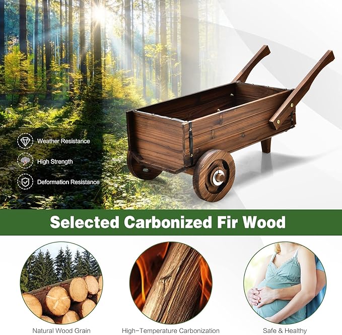 Giantex Wooden Wagon Planter Box, Decorative Wagon Cart with Wheels, Handles, Drainage Hole, Flower Planter Pot Stand, Rustic Flowerpot Planter, Indoor & Outdoor Garden Patio Balcony