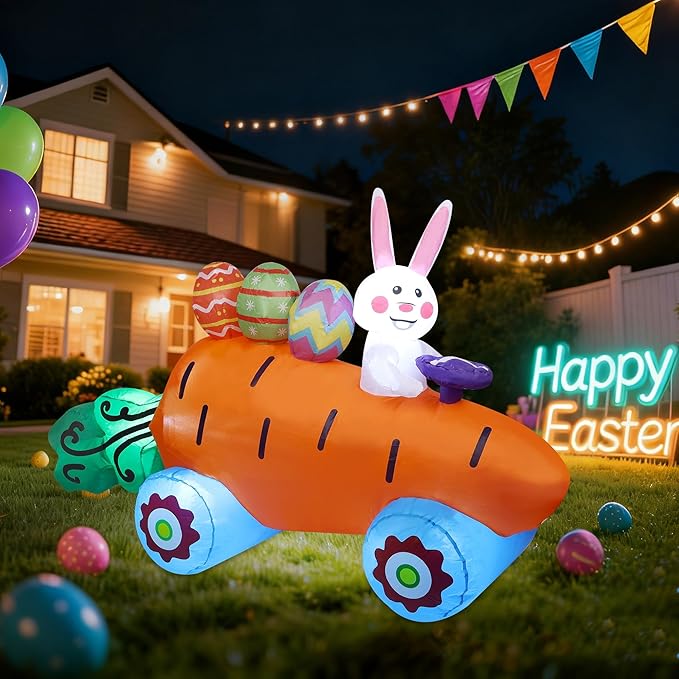 Easter Inflatables Outdoor Decorations, 6 FT Long Inflatable Bunny on Carrot Cart with Easter Eggs, Easter Blow up Yard Decorations for Indoor Outdoor Garden Lawn Holiday Party Decor