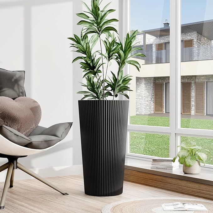 Diyfire Tall Outdoor Planter Front Porch Decor Set of 2-23.6" H Tall Planters for Outdoor Plants with Drainage Hole, Round Conical Design Flower Pots for Indoor/Patio/Garden, Black