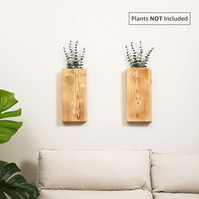 Wood Wall Planter Set of 2, Wood Wall Pocket for Greenery and Dried Flowers, Indoor Wood Hanging Vase, Modern Farmhouse Wall Decor for Living Room Bedroom Office Eucalyptus Stems Decorations (Retro)