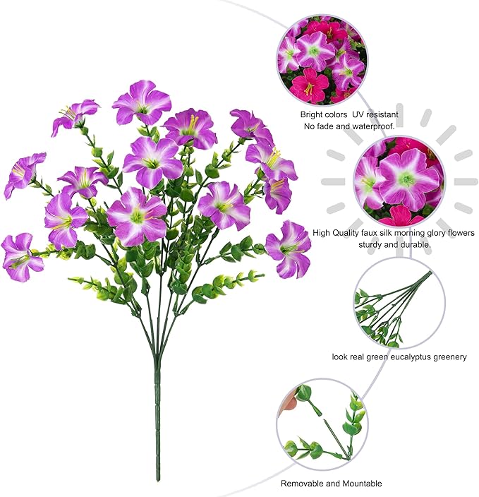Artificial Flowers for Outdoors Decoration, 20 Bundles Faux Morning Glory with Eucalyptus Look Real UV Resistant Fake Plants Silk Flowers for Outside Yard Gardens Porch Patio Planter Home Urn, Mix
