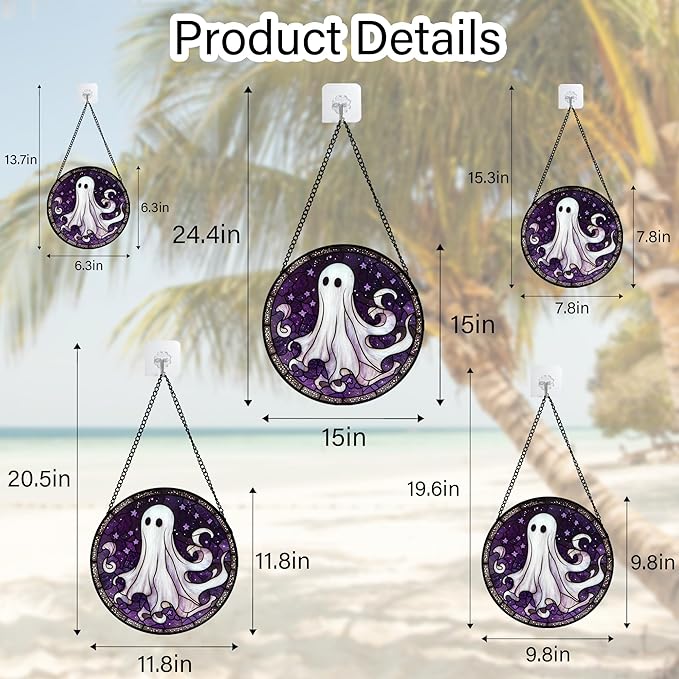 DASTOLL Stained Glass Window Hanging - Halloween Decorations White Ghost Purple Stars Suncatcher for Doors Garden Spooky Funny Sun Catchers Gothic Decor Horror Gifts for Women Men Friend 9.8 in