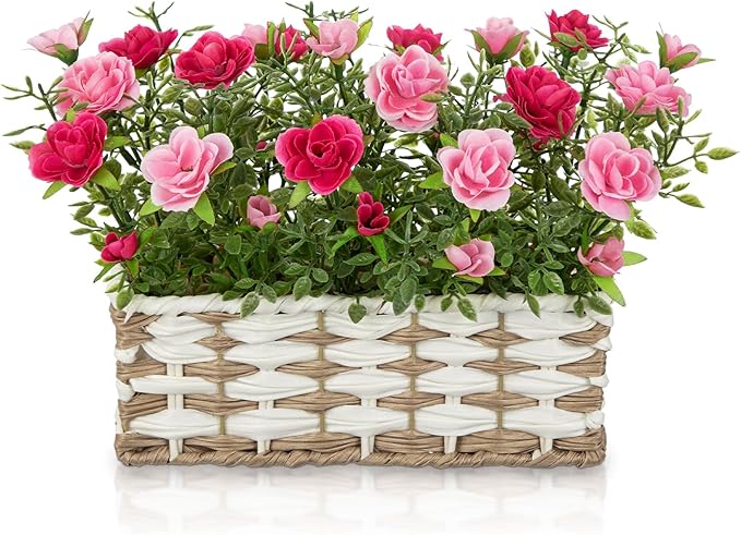 Artificial Rose Flowers with Woven Basket, Faux Blooming Roses in Fake Rattan Planter for Table Centerpiece, Romantic Floral Arrangement for Home Dining Room Wedding Sweet Decor, Hot & Soft Pink