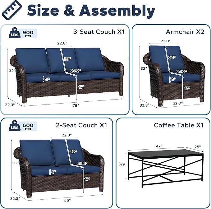 5 Pieces Outdoor Patio Rattan Conversation Furniture Set with Cushions, 78" 3-Seat Wicker Sofa, 55" 2-Seat Couch, 2 Armchairs, Metal Coffee Table for Garden (Navy Blue)