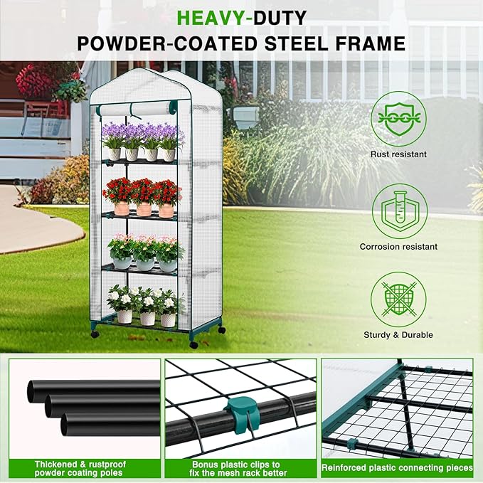 Yesker Mini Greenhouse 27"x20"x63" Portable Indoor / Outdoor Small Green House with 4 Tier 4 Shelves Wheels Thicken PE Cover Compact Greenhouses Kit for Winter Gardening Balcony Patio Backyard, White