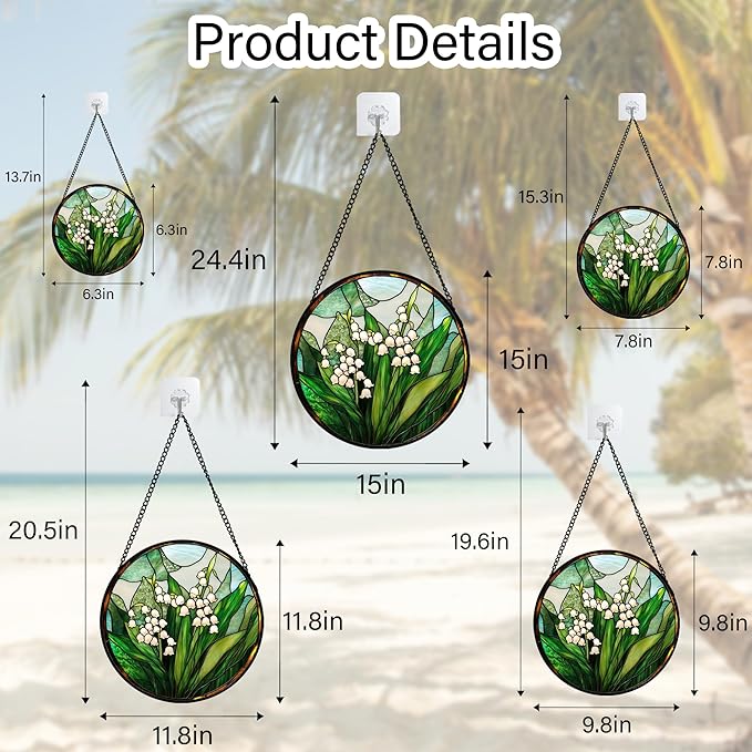 JOSUMALY Stained Glass Window Hanging - White Green Lily of The Valley Suncatcher for Doors Garden Terrace Plant Sun Catchers Decor Mother's Day Birthday Flowers Gifts for Women Men Mom 11.8 in