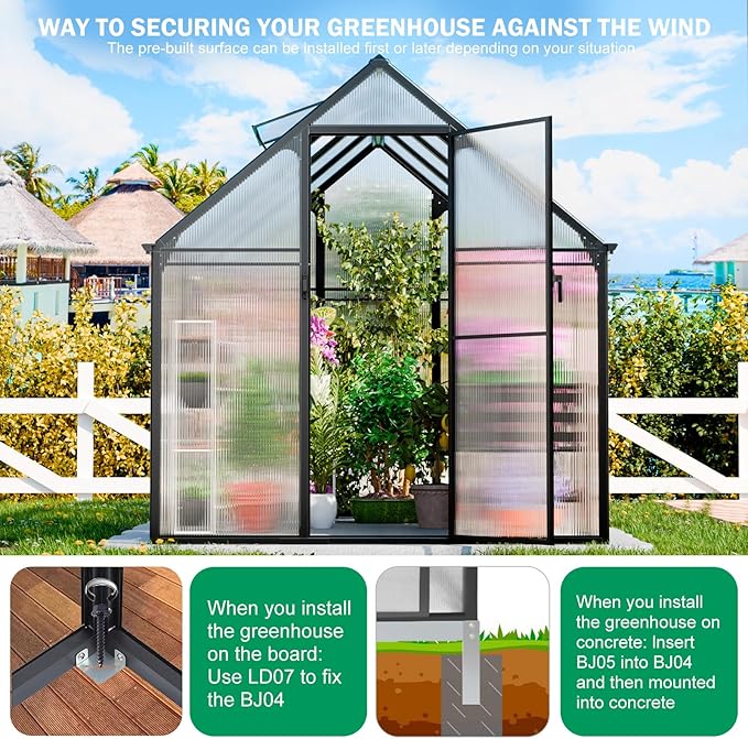 CDCASA Polycarbonate Greenhouse, 8.2x6.2 FT Easy Assembly Aluminum Heavy Duty Greenhouses for Outdoors w/ Window, Swing Door, Walk-in Green House for Sunroom,Outside, Backyard, Garden, Black