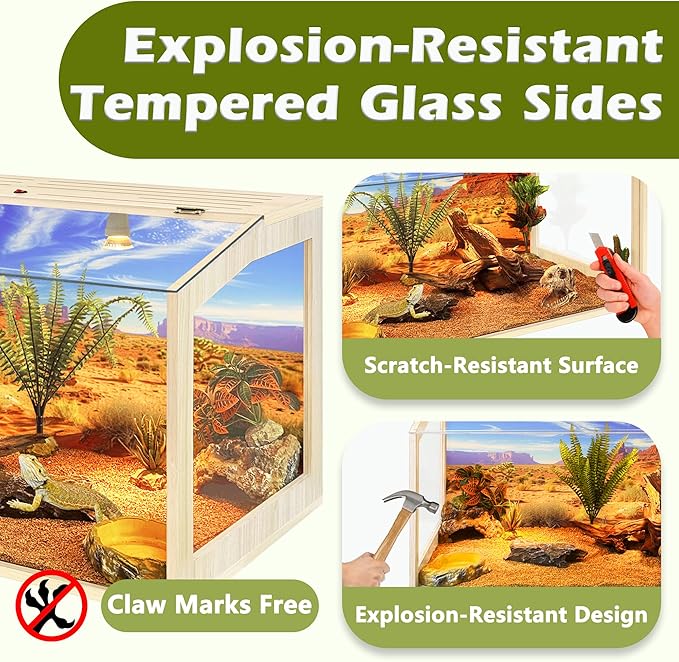 PROLEE Tempered Glass Bearded Dragon Tank,Reptile Tank with Clear Window View, Anti-Scratch Lizard Tank,Spacious Reptile Enclosure for Snakes, Lguanas, Chameleons
