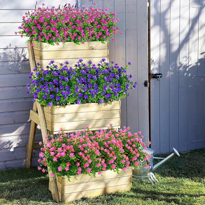 ArtBloom 24 Bundles Outdoor Artificial Flowers UV Resistant Fake Boxwood Plants, Faux Greenery for Indoor Outside Hanging Plants Garden Porch Window Box Home Wedding Farmhouse Décor (Pink)