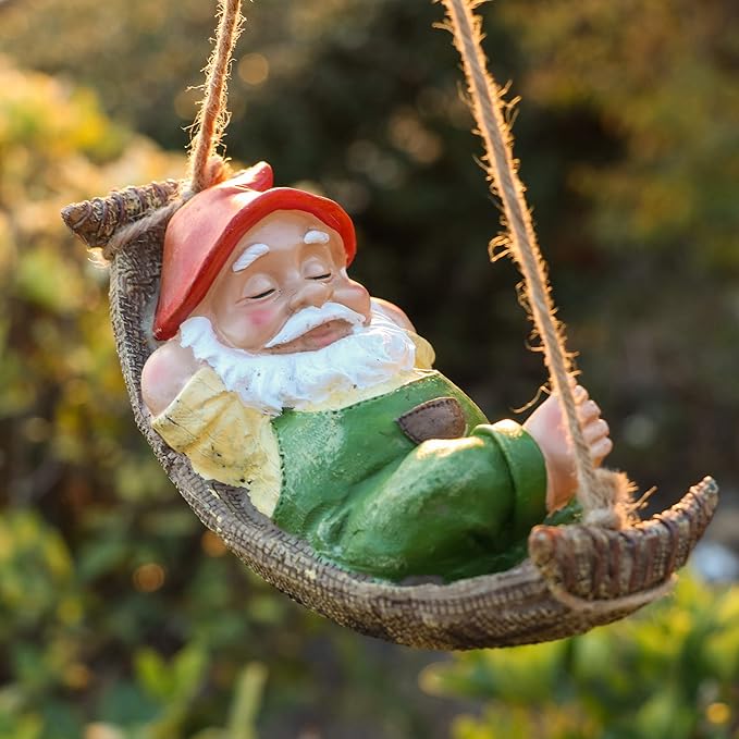 TERESA'S COLLECTIONS Green Garden Gnome Statues for Garden Decor, Resin Hanging Decorations for Outdoor, Tree Ornaments Figurines for Outside Gifts for Mom Women and Man