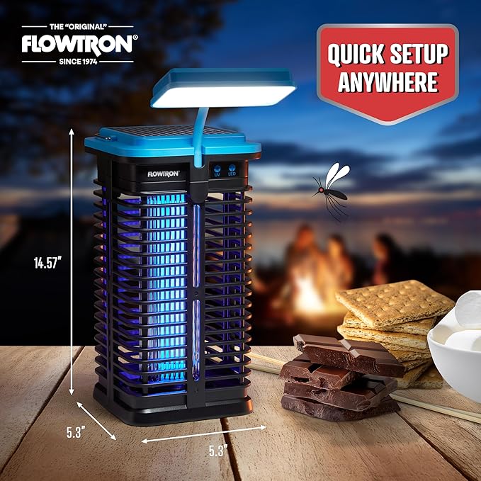 Flowtron Solar Bug Zapper | Portable Electric Insect Killer with UV Light & LED Lamp | USB-C and Solar Charging for 4000 mAh Battery | 530 Sq Ft Coverage from Gnats, Flies for Patio, Yard, Camping