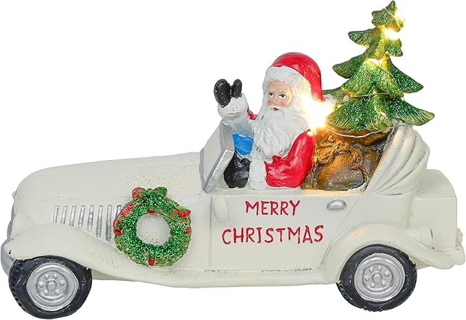 Alpine Corporation 7" Tall Merry Christmas Santa in Vintage White Car Statue with LED Lights, Holiday Decoration for Tabletop, Shelf, Mantel, or Entryway Display