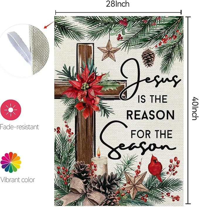 CROWNED BEAUTY Christmas House Flag Jesus Is the Reason for the Season 28x40 Inch Double Sided Religious Cross Decoration for Outside Yard CF1890-40