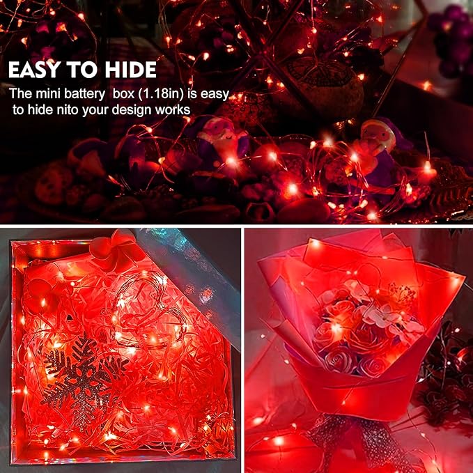 AIKEI 24 Pack LED Fairy Lights Battery Operated, Mini String Lights Waterproof 7ft 20 Led Firefly Starry Lights for Valentines Day Wedding Party Bedroom Garden Christmas Decoration Red