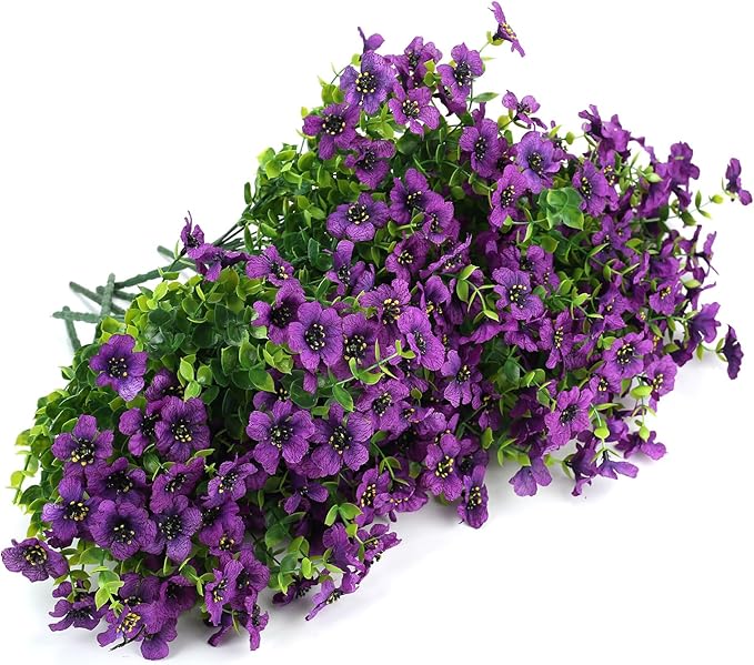 UV Resistant Artificial Outdoor Flowers, 12 Bundles Fake Outdoor Silk Flowers Fade Resistant Faux Flowers Plants for Outside Planters, Window Box, Porch Decor-Purple