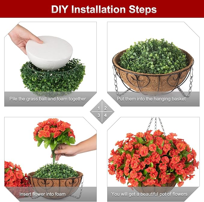 Ammyoo Artificial Hanging Flower Plants with Basket for Summer Autumn Outdoor Decoration, Faux Petunias Flowers Fake Morning Glories Planter for Outside Patio Garden Porch Balcony Yard Decor(Orange)