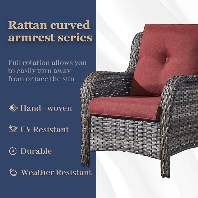 HUMMUH 4 Pieces Patio Furniture Set Wicker Patio Chairs Set of 2 with Ottomans Rattan Outdoor Furniture Conversation Set for Yard,Garden,Porch