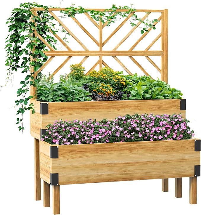 Outsunny Raised Garden Bed with Trellis, 2 Tier Wooden Elevated Planter Box with Legs and Metal Corners for Vegetables, Flowers, Herbs, Natural