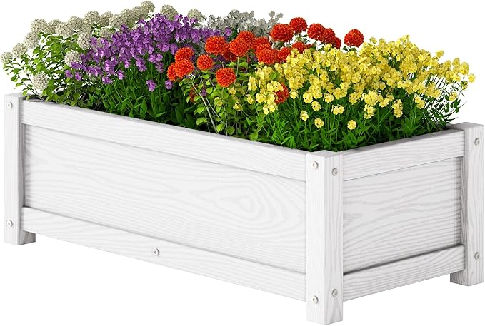 HDPE Planter Box, All-Weather Outdoor Garden Bed Easy to Assemble, Drainage System, Low Maintenance, Non-Fading, for Flower/Herb/Seed (White)
