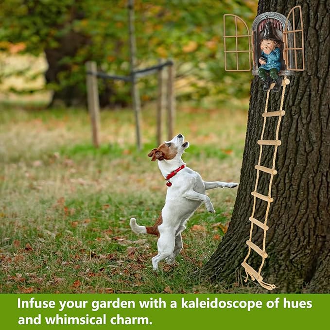 Garden Gnomes Decoration Outdoor tree faces decor with Hanging Ladder for Yard, Elf Out The Door Tree Hugger Resin Garden Sculpture Peeker Yard Art Ornament Whimsical Gnome Decor for Patio Yard Lawn