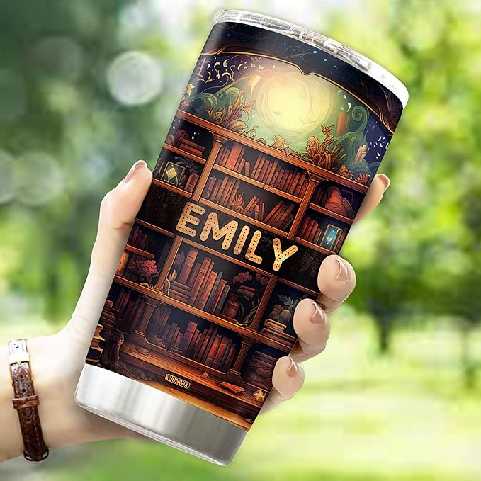 WONWIX Personalized Book Lovers Tumbler Gifts for Librarian Book Lover Women Readers Bookworm 20oz Travel Cup Coffee Bookshelf Mug Stainless Steel Insulated with Lid