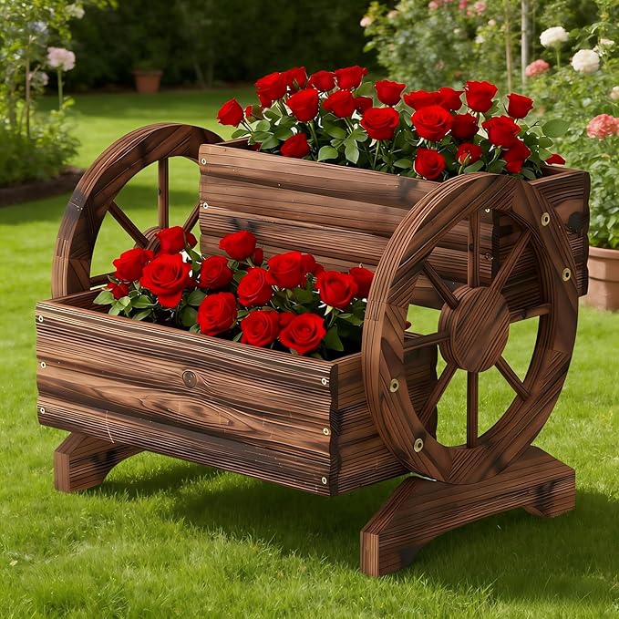 Wooden Wagon Planter Wooden Flower Cart with Wheels Outdoor Garden Planter, Decor Planter for Patio Balcony Decoration Succulent Flower Pot Flower Cart for Indoor Backyard Balcon (Carbonized)