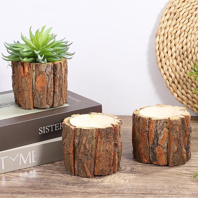 Housoutil 3PCS Wooden Bark Flower Pots, Rustic Farmhouse Planters, Light Brown Log Plant Containers, 3.54x3.54x3.14 Inch, Ideal for Succulents, Cacti, Home and Garden Decor, Weddings, and Holidays