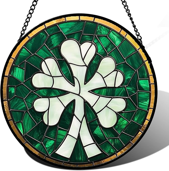 QZQCBLC Stained Glass Window Hanging Green Clover 9.8" - Suncatcher Door Garden Sun Catcher Home Ireland Decor Birthday Mother's Day St Patrick's Day Gifts for Mom Men Woman Wife Friend