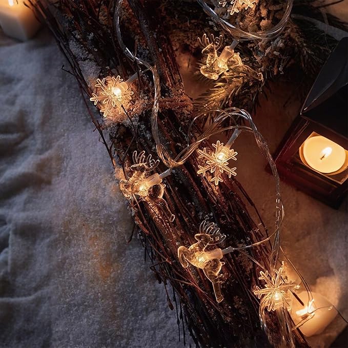 Christmas Snowflakes Lights Battery Operated, 20 LED String Lights with Snowflakes and Elk, Waterproof Shatterproof Christmas Light for Outdoor Indoor Xmas Bedroom Decor