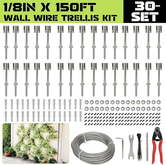 Wire Trellis for Climbing Plants Outdoor, 30-Set Wall Wire Trellis Kit with 1/8" x 150ft Stainless Steel Cable and Cutter, T316 Espalier System for Fence Garden DIY on Brick Concrete Wood Walls