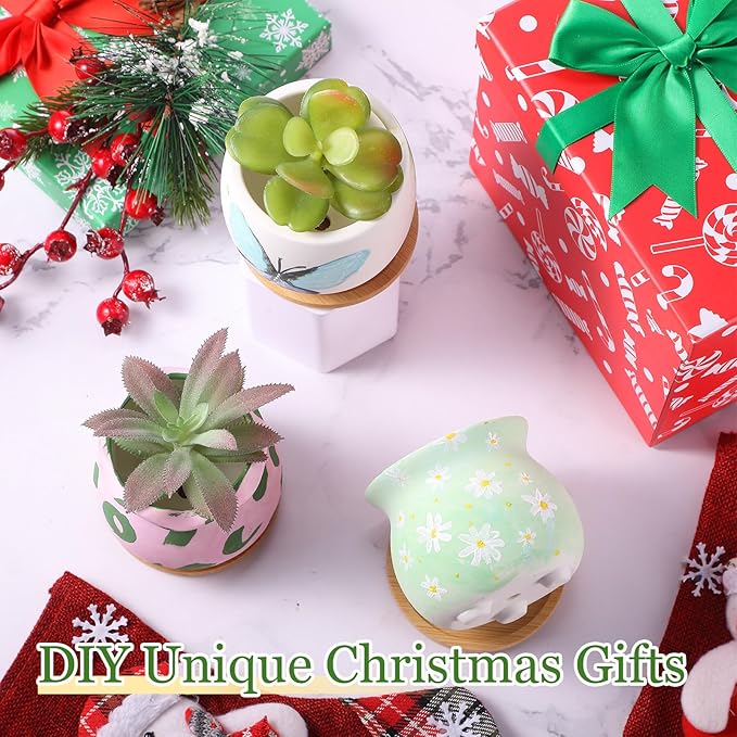 Remerry 12 Pcs 3.5 Inch DIY Ceramic Succulent Pots for Painting Figurines Paint Craft Kit Unpainted Ceramic Bisque Paintable Flowerpots with Drainage Hole Ready to Paint