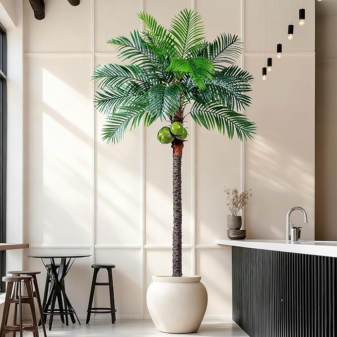 Erimda 30-Year Factory Faux Coconut Tree - 8.2FT Faux Palm Tree Realistic Thick Trunk & Heavy Duty Leaves, Hand-Carved Bark Texture, Indoor Tropical Decor for Living Room/Store, No Shiny Plastic Look