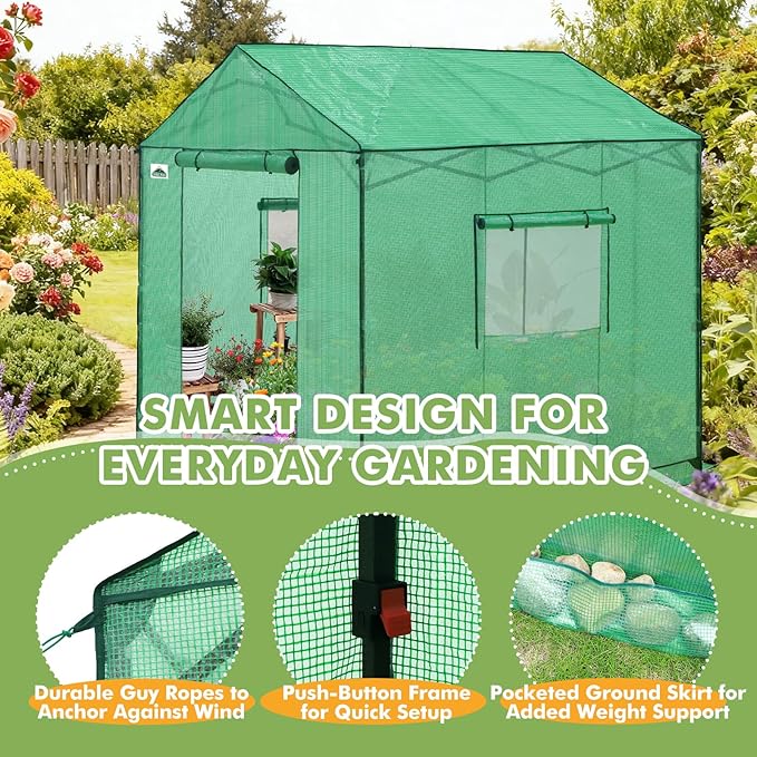 EAGLE PEAK 8x8 Portable Pop Up Greenhouse, Patented Center Lock Easy One Person Setup, Walk-in Outdoor Greenhouse with Gable Roof, Weight Bags, Zippered Doors & Windows, Green