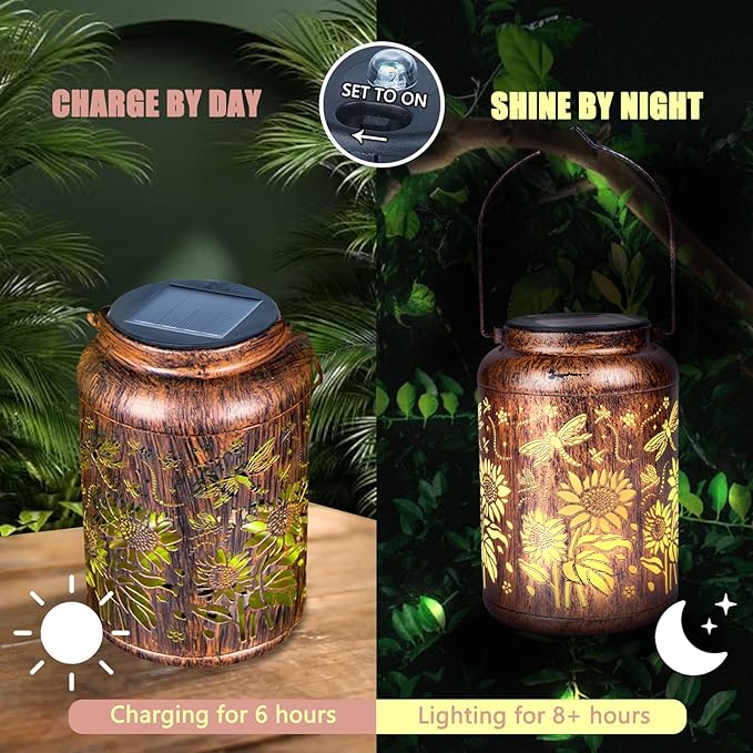 2 Pack Solar Light, Outdoor Lanterns for Patio Waterproof , Dragonfly Sunflower Outdoor Solar Lanterns for Porch, Yard, Deck, Lawn, Backyard, Patio, Tabletop, Pathway