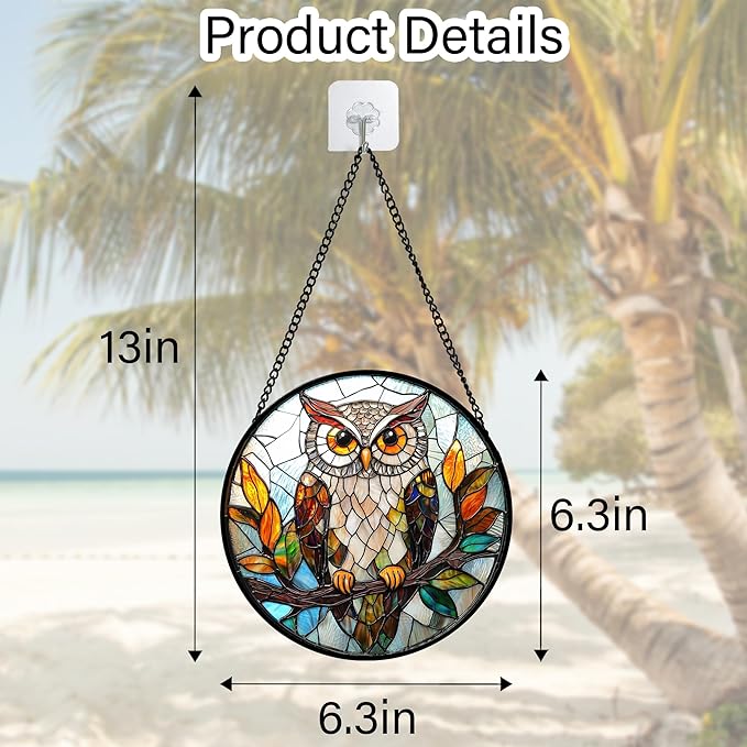 DASTOLL Stained Glass Window Hanging, Owl Colorful Leaves Birds Sun Catchers Diamond Glass Panel Hangings Suncatcher Decor for Birthday for Women, Men, Wife, Aunt, and Mom 6.3 in