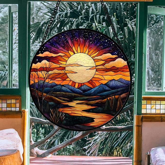 DASTOLL Stained Glass Window Hanging, The Sun Shines Brightly on Lake Sun Catchers Colorful Glass Panel Suncatcher Decor for Birthday for Women, Men, Wife, Lovers, and Mom 14.9x14.9 in