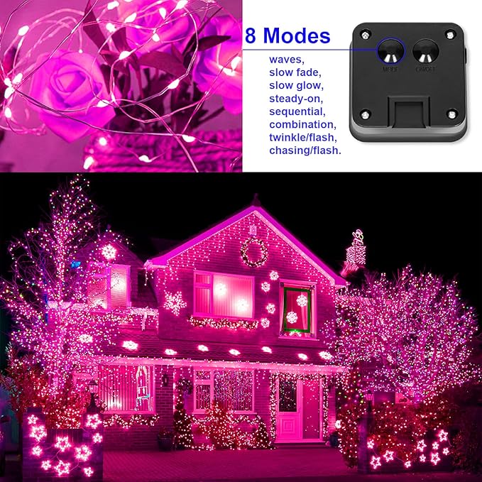 YAOZHOU Solar Christmas String Lights Pink Outdoor Waterproof 100 LED（2 Pack） 8 Modes Copper String Lights Fairy Lights for Valentines Day Garden, Patio, Fence, Balcony, Outdoors(Pink 2pcs