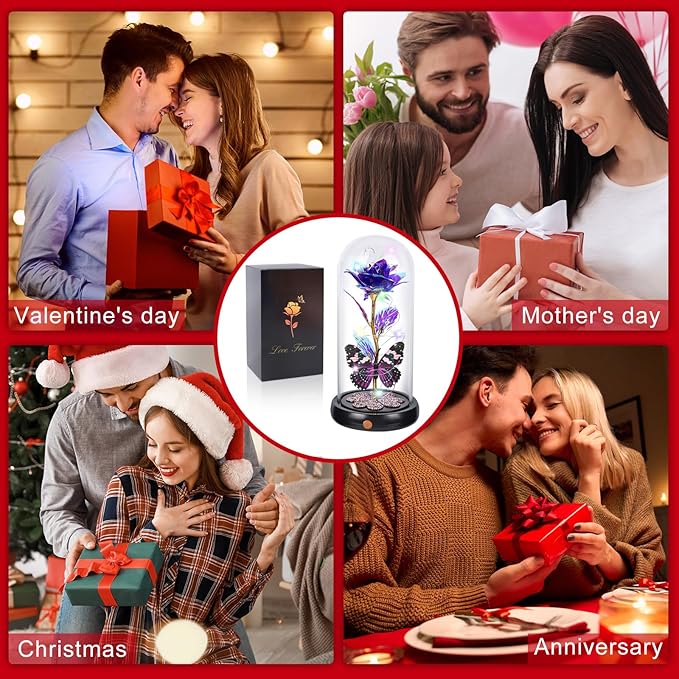 Valentines Day Rose Gifts for Her Birthday Gift for Women Rechargeable Galaxy Glass Rose in Glass Dome Crystal Roses Flowers Butterfly Valentine Gifts for Women Daughter Mom Wife Girlfriend Purple
