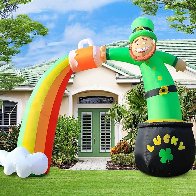 St. Patricks Day Inflatable Decorations 8ft Leprechaun Rainbow Arch with Gold Coin Pot and Cloud Built-in LED Lights Outdoor Theme Party Decor Holiday Lawn Yard Garden Patio Décor