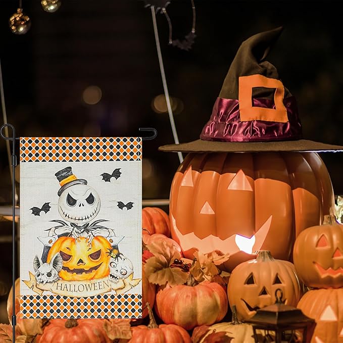 Halloween Jack Skellington Decorative Burlap Garden Flag, 12x18 Inch Double Sided Nightmare Before Christmas Pumpkin King Happy Halloween Small Vertical Flags,Outdoor Home Patio Porch Yard