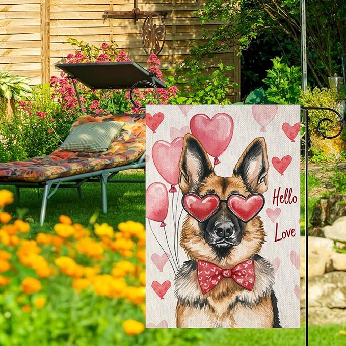 Valentine's Day German Shepherd Hello Love Garden Flag, House Yard Plaid Love Heart Outside Decoration, Spring Holiday Wedding Anniversary Outdoor Small Decor 12x18(12626)