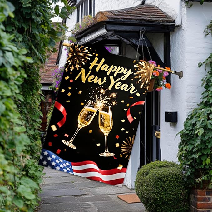 Happy New Year House Flag 28x40 Inch Champagne Glasses Fireworks and American Flag Design Garden Flag Patriotic Holiday Outdoor Yard Decoration Banner for Home Porch Lawn