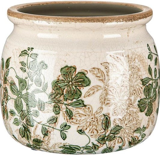 1 Pcs Vintage Planter Large Ceramic Plants Pot Beige Green Leaves Crack Cottage Scroll Vase Flower Vase Pot Indoor Plants Home Kitchen Decor Farmhouse Antique Decorative Gift