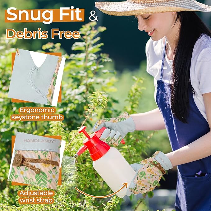 HANDLANDY Work Gloves for Women, Breathable Leather Gardening Glove for Yard Maintenance, Hand Protection with Touch Screen for Gardeners, Farmers