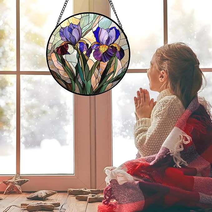 HWRHTR Stained Glass Window Hanging, Purple Blue Iris Birth Flower Suncatcher for Doors Garden Yard Sun Catchers Decor Christmas Mother's Day Birthday Gifts for Teacher Women Mom Nana Wife 7.8 in