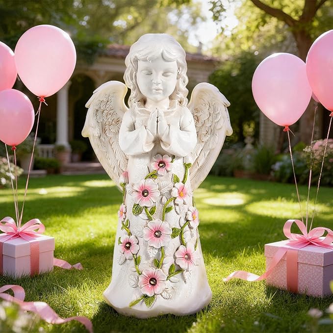 Nacome Garden Outdoor Statues Angel with Succulent and 7 LED Lights – Lawn Decor for Patio, Balcony, Yard Ornament - Chrismtas Gifts for Mom Grandma