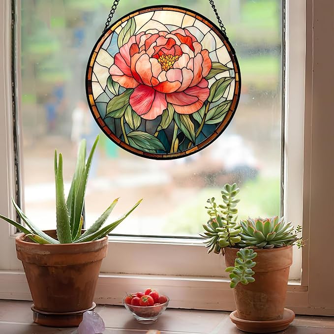 HWRHTR Stained Glass Window Hanging - Pink Peony Floral Suncatcher for Door Garden Yard Birth Flower Sun Catchers Decor Christmas Mother's Day Birthday Gifts for Women Mom Nana Wife Teacher 7.8 in